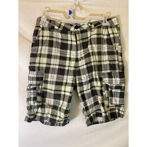 SURPLUS MENS BERMUDA‎ SHORTS GRAY GREEN PLAID WAIST SIZE 36 CARGO